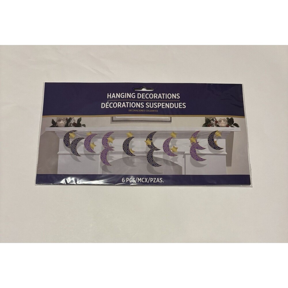 Eid Celebration 6pc 7-Foot String Decorations- Purple Moons & Gold Stars Garland